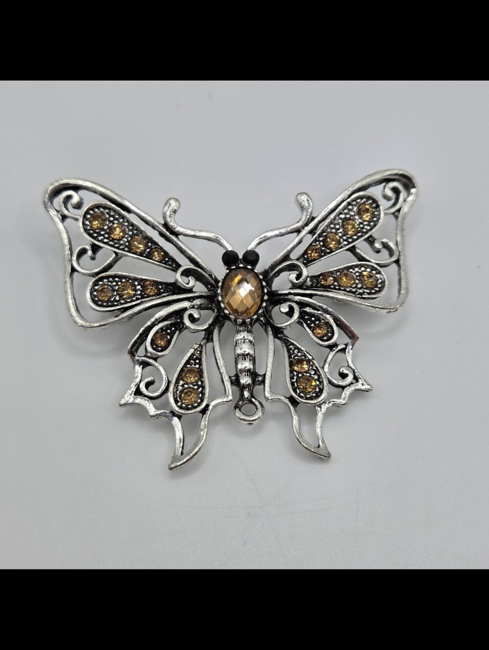Silver Butterfly Brooch Amber Crystal Rhinestone Filigree Pin NWT Statement